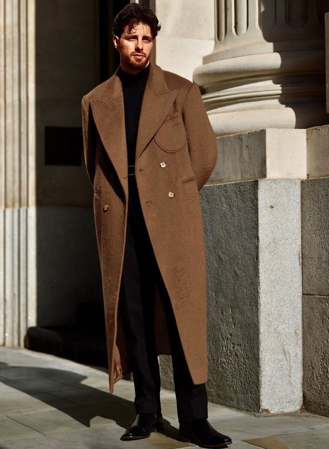 Runcati Mens Wool Blend Pea Coat Notched Collar Double Breasted Long Jacket Trench Coats Classic Winter Overcoat, Brown, XL - Image 2