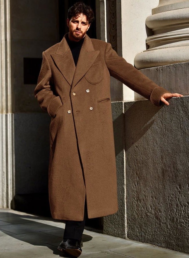 Runcati Mens Wool Blend Pea Coat Notched Collar Double Breasted Long Jacket Trench Coats Classic Winter Overcoat, Brown, XL - Image 3