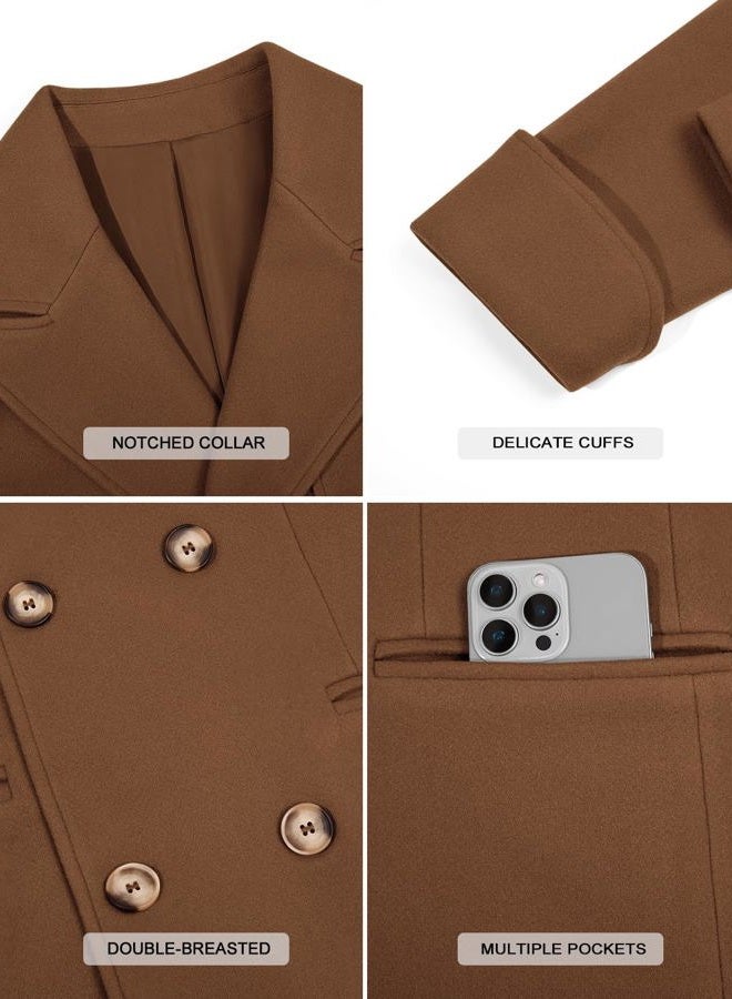 Runcati Mens Wool Blend Pea Coat Notched Collar Double Breasted Long Jacket Trench Coats Classic Winter Overcoat, Brown, XL - Image 5