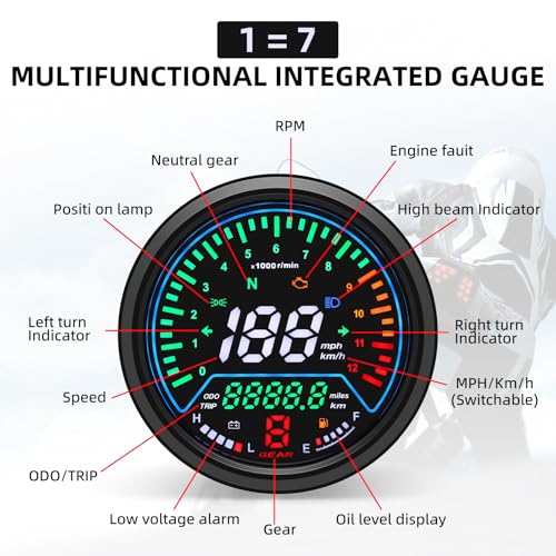 MAIMEIMI Universal Motorcycle Speedometer with Tachometer 12000 RPM, 6 Gear, Mileage, Volt, Oil Level, Indicator Light Km/h MPH LCD Anti-Glare 12V Digital Speedometer for Motorcycle Gauge Cluster - Image 2
