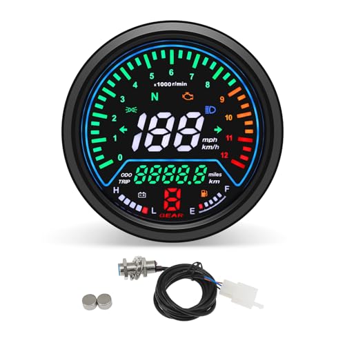 MAIMEIMI Universal Motorcycle Speedometer with Tachometer 12000 RPM, 6 Gear, Mileage, Volt, Oil Level, Indicator Light Km/h MPH LCD Anti-Glare 12V Digital Speedometer for Motorcycle Gauge Cluster - Image 1