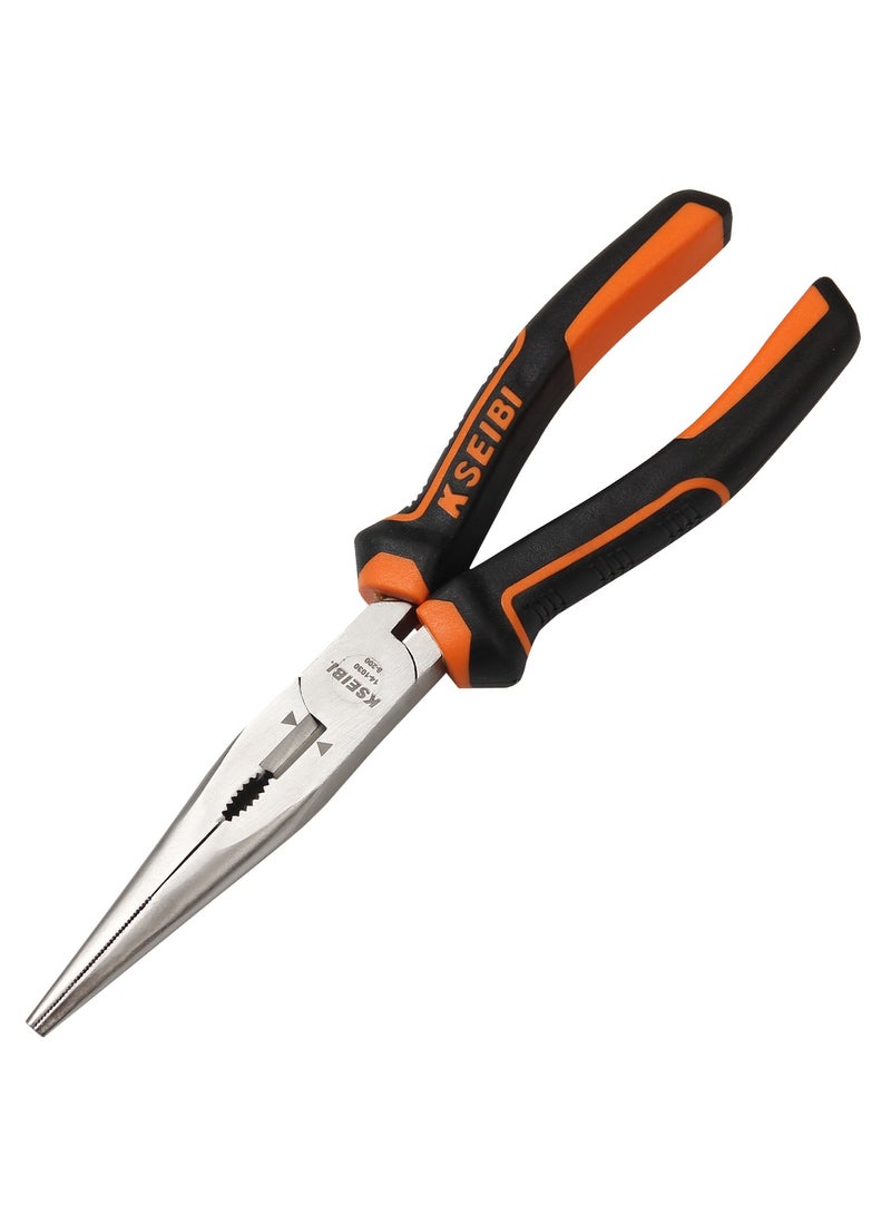 KSEIBI Long Nose Pliers 8 Inch with Professional Handle, Flat Serrated Gripping Jaws, Precision Nose Pliers with Wire Cutter Nickel Chromium Steel Construction, Designed for Mechanics, Technicians, and Contractors.  - Image 1
