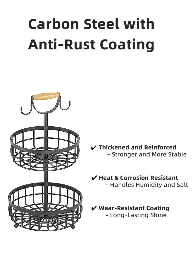 Zcheer Countertop Fruit Basket Bowl Organizer Rack, 2-Tier Detachable Kitchen Storage Stand, Hollow Ventilated Design, Durable Carbon Steel with Baking Finish, Wooden Handle & Hooks, Multi-Functional for Fruits, Vegetables, Bread, Snacks, and Beverages Black - Image 3
