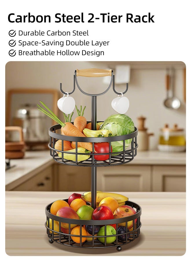Zcheer Countertop Fruit Basket Bowl Organizer Rack, 2-Tier Detachable Kitchen Storage Stand, Hollow Ventilated Design, Durable Carbon Steel with Baking Finish, Wooden Handle & Hooks, Multi-Functional for Fruits, Vegetables, Bread, Snacks, and Beverages Black - Image 1
