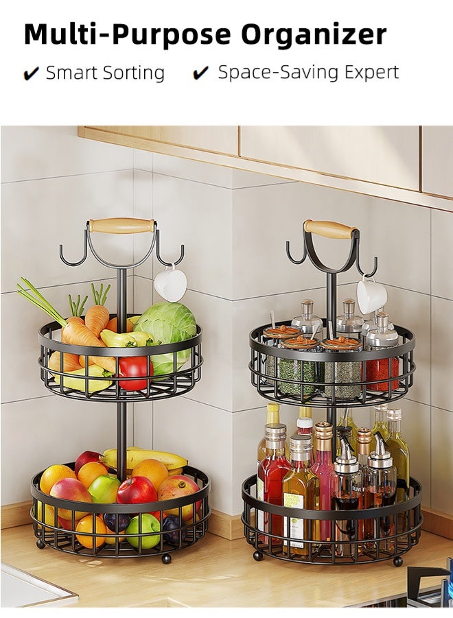 Zcheer Countertop Fruit Basket Bowl Organizer Rack, 2-Tier Detachable Kitchen Storage Stand, Hollow Ventilated Design, Durable Carbon Steel with Baking Finish, Wooden Handle & Hooks, Multi-Functional for Fruits, Vegetables, Bread, Snacks, and Beverages Black - Image 2