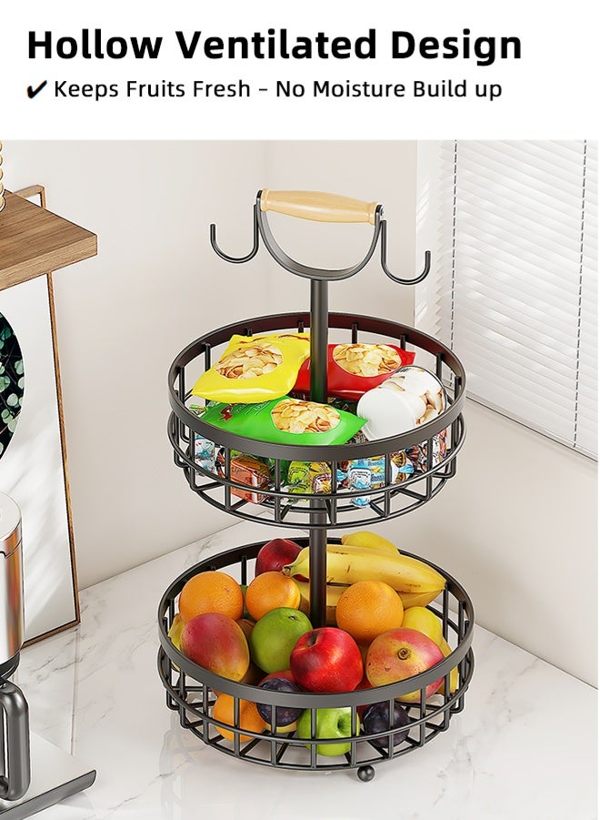 Zcheer Countertop Fruit Basket Bowl Organizer Rack, 2-Tier Detachable Kitchen Storage Stand, Hollow Ventilated Design, Durable Carbon Steel with Baking Finish, Wooden Handle & Hooks, Multi-Functional for Fruits, Vegetables, Bread, Snacks, and Beverages Black - Image 4