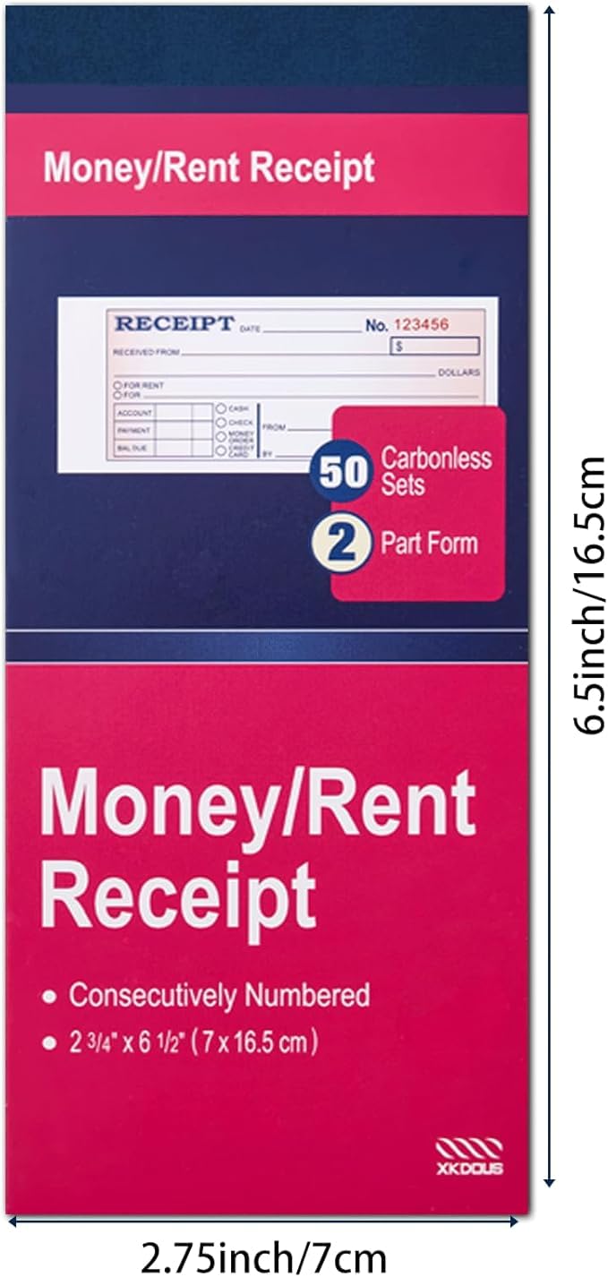 Xkdous 2 Pack Money And Rent Receipt Book  2-Part Carbonless  2-3/4"" X 6-1/2"" Receipt Book For Small Business  50 Sets Per Book - Image 2