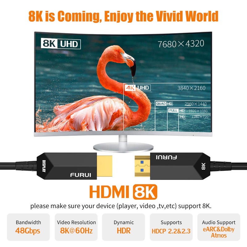 كابل HDMI بألياف ضوئية 8K بطول 50 قدم، كابل HDMI 2.1 بألياف ضوئية [8K@60Hz، 4K@120Hz]، 48 جيجابت في الثانية، HDR الديناميكي، eARC، متوافق مع BT.2020 للأجهزة RTX 3080/3090، Xbox Series X، PS5، مستقبل Denon AV، تلفزيونات LG، Samsung، Sony. - Image 2