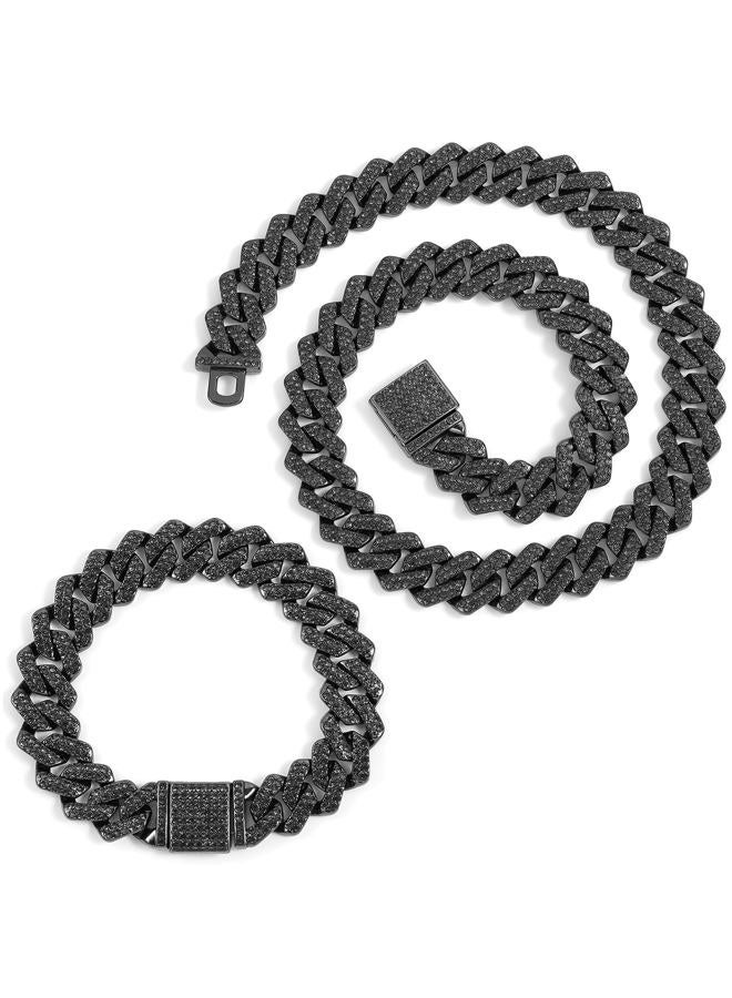 JUNVirtuous 2-Piece Cuban Link Chain Set - Black, 8" & 18" Chain with AAA+ Rhinestones - Unisex, Hip Hop Style - Nickel & - Image 1