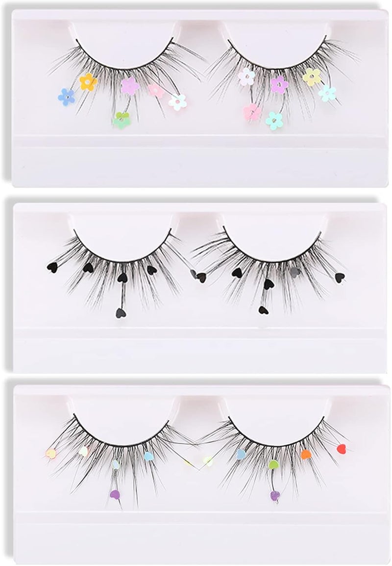 False Eyelashes Dramatic Glitter Sequin Lashes with Colorful HeartBlack HeartColorful Flower Makeup DIY Lashes Decorative for New Year Christmas Halloweens Cosplay Party3 Pairs