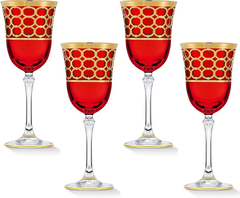 Lorren Home Trends Lorren Home Trends Deep Red Colored Red Wine Goblet with Gold Rings Set of 4  - Image 1