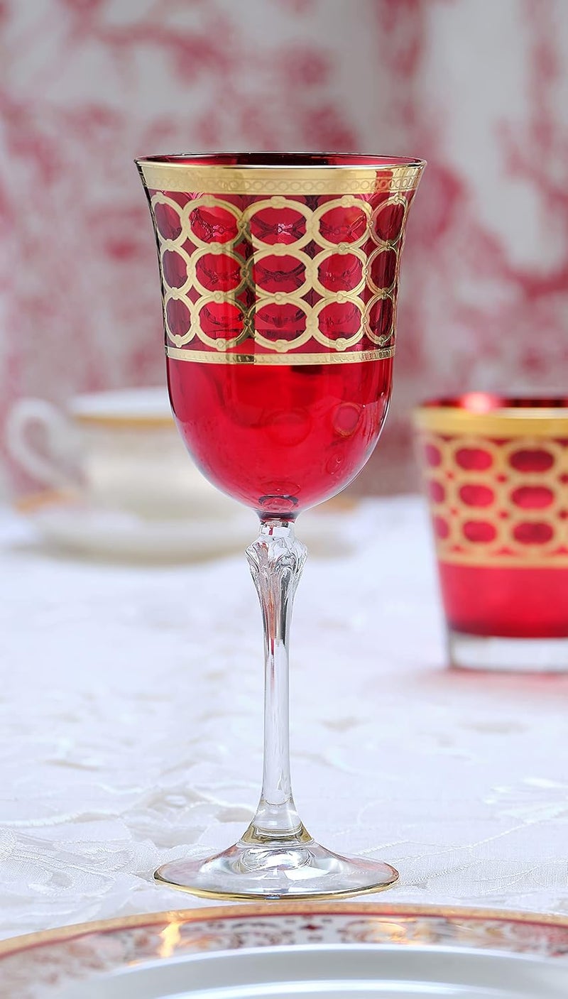 Lorren Home Trends Lorren Home Trends Deep Red Colored Red Wine Goblet with Gold Rings Set of 4  - Image 5