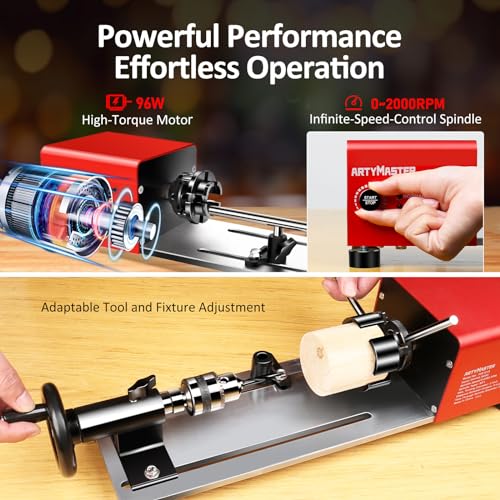 ARTYMASTER Mini Lathe, WM101A-Plus Mini Wood Lathe Machine, 24VDC 96W Power Lathe, Small Benchtop Lathe with Wood Turning Lathe Tools Kits, Infinitely Variable Speed, Professional for DIY Woodworking - Image 4