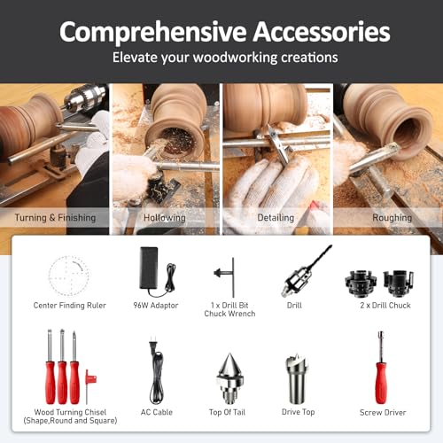 ARTYMASTER Mini Lathe, WM101A-Plus Mini Wood Lathe Machine, 24VDC 96W Power Lathe, Small Benchtop Lathe with Wood Turning Lathe Tools Kits, Infinitely Variable Speed, Professional for DIY Woodworking - Image 5