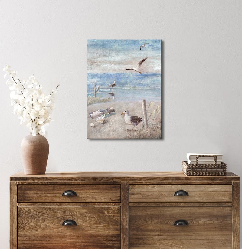 Pyradecor Bathroom Decor Blue Beach Seaside Seagull Picture Perching Bird by The Seashore Coastal Ocean Canvas Wall Art for Laundry Room Bedroom Living Room Decoration - Image 5