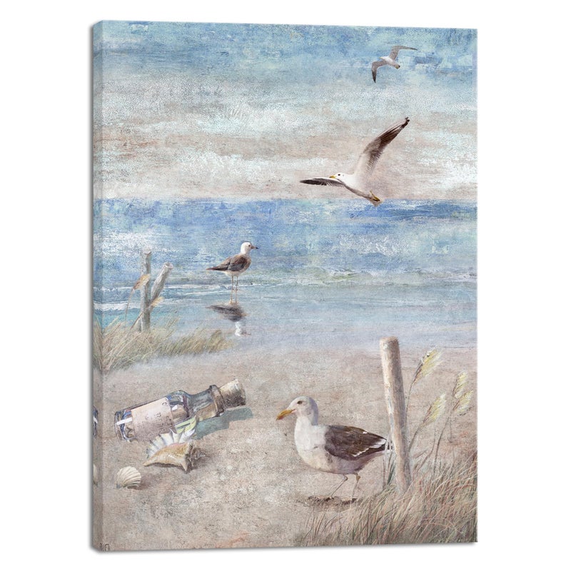 Pyradecor Bathroom Decor Blue Beach Seaside Seagull Picture Perching Bird by The Seashore Coastal Ocean Canvas Wall Art for Laundry Room Bedroom Living Room Decoration - Image 1