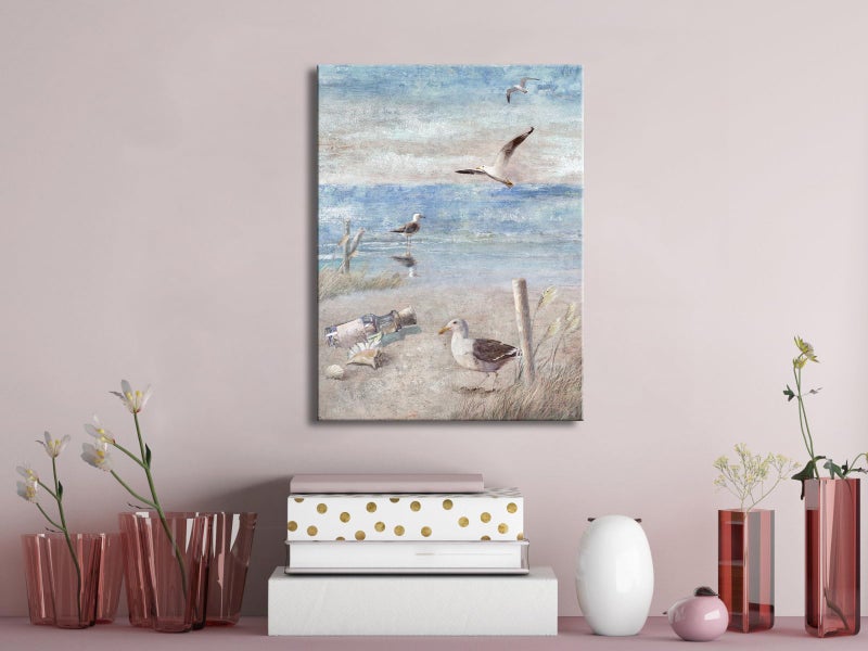 Pyradecor Bathroom Decor Blue Beach Seaside Seagull Picture Perching Bird by The Seashore Coastal Ocean Canvas Wall Art for Laundry Room Bedroom Living Room Decoration - Image 4