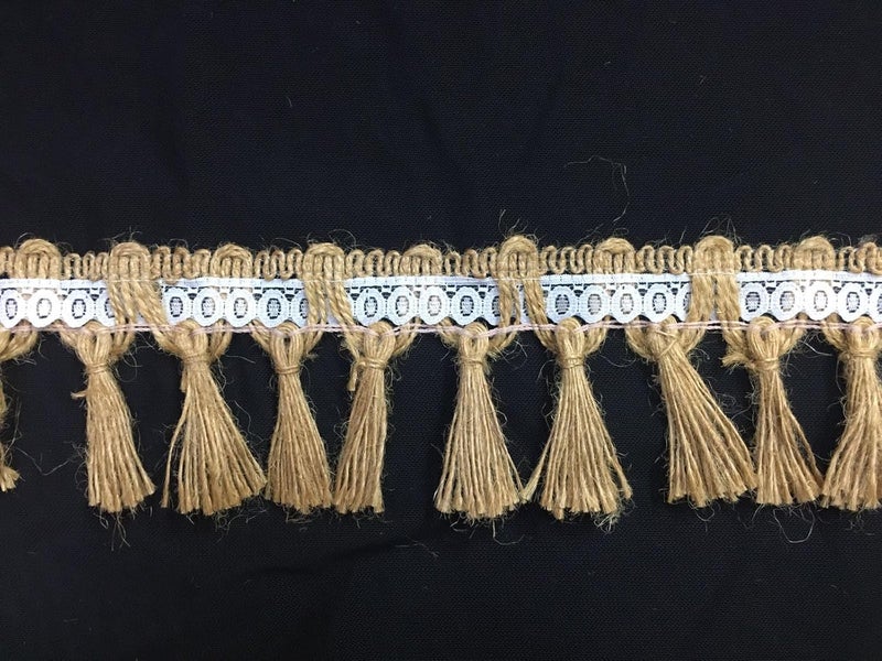 PCJS - Rustic Jute Tassel Lace Trim with White Lace Center – Boho Fringe Ribbon for Crafts, Home Décor, Gift Wrapping & Sewing Projects (5 MTR) - Image 1