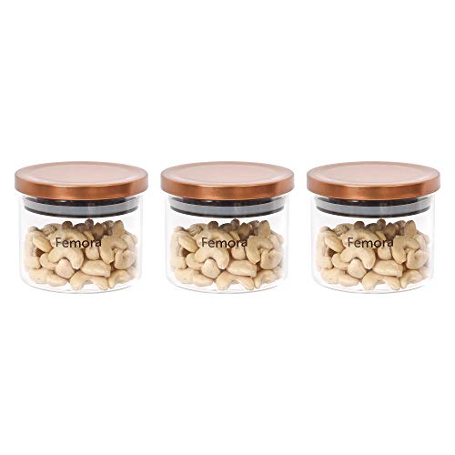 Femora Borosilicate Glass Jar with Golden Metallic Lid, Jars for Kitchen Storage - 300 ml/gm, Set of 3, Free Replacement of Lids - Image 1