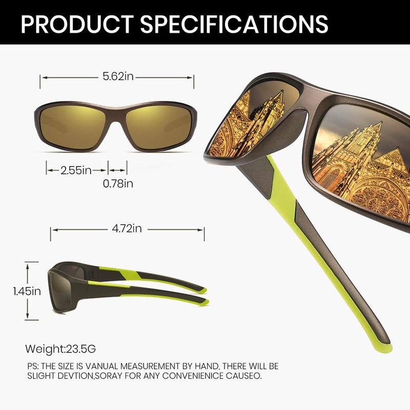 Proberos نظارات شمسية قطبية HD للرجال - حماية من الأشعة فوق البنفسجية، مضادة للوهج، نظارات أنيقة للركوب مع حقيبة، حزام نظارات، قطعة قماش للتنظيف وحقيبة تخزين (صفراء) - Image 2