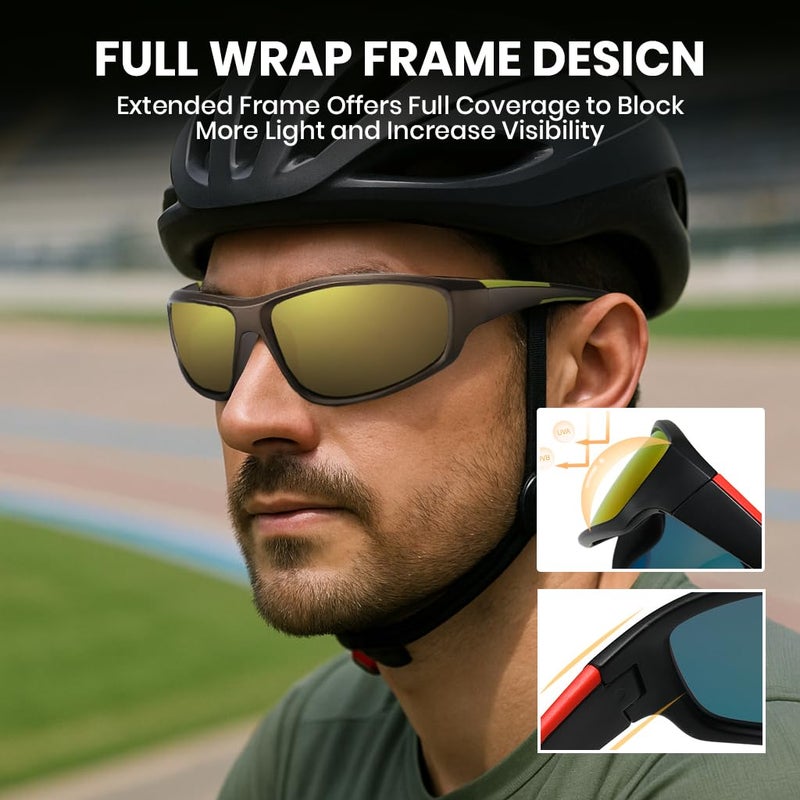 Proberos نظارات شمسية قطبية HD للرجال - حماية من الأشعة فوق البنفسجية، مضادة للوهج، نظارات أنيقة للركوب مع حقيبة، حزام نظارات، قطعة قماش للتنظيف وحقيبة تخزين (صفراء) - Image 4