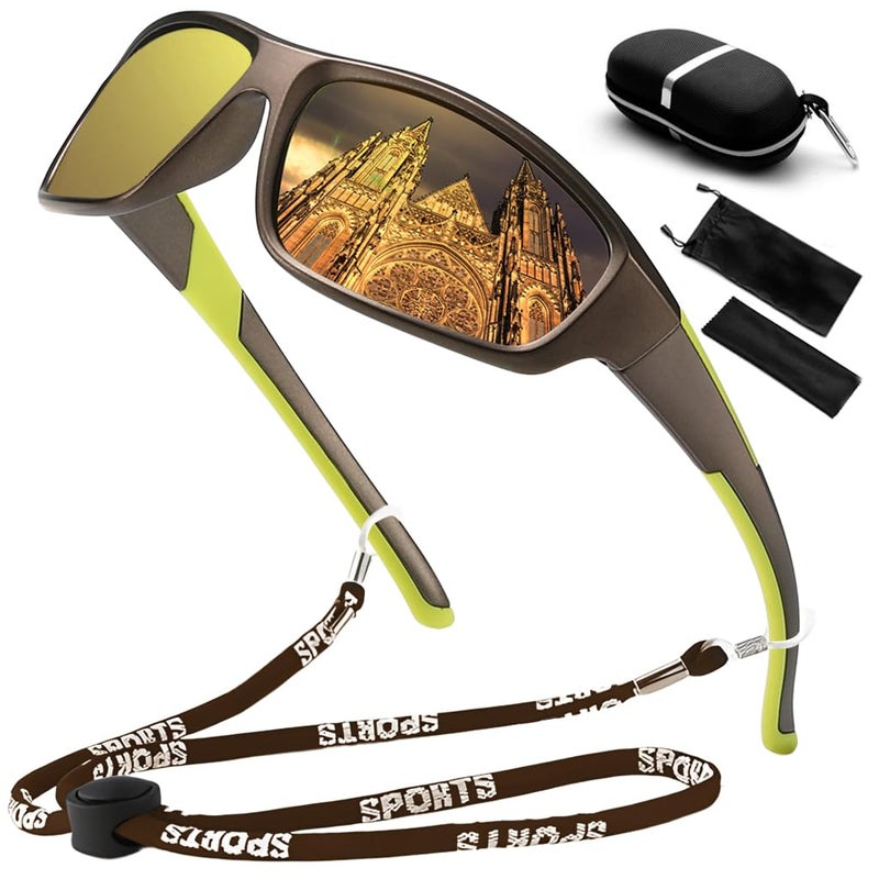 Proberos نظارات شمسية قطبية HD للرجال - حماية من الأشعة فوق البنفسجية، مضادة للوهج، نظارات أنيقة للركوب مع حقيبة، حزام نظارات، قطعة قماش للتنظيف وحقيبة تخزين (صفراء) - Image 1