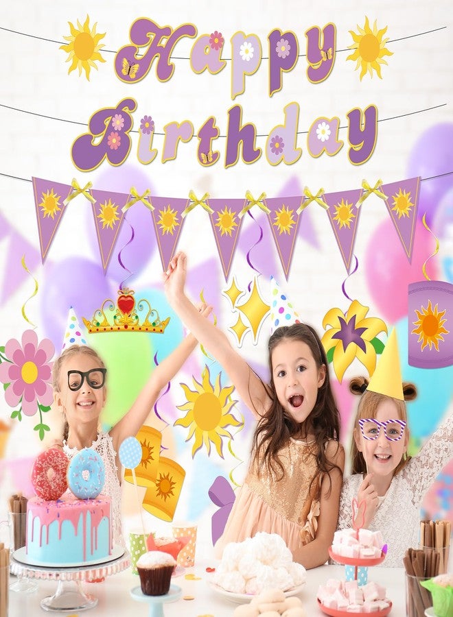 MinFyberd Purple Sun Birthday Decorations Purple Princess Happy Birthday Banner Triangle Flag String Bunting Banner Princess Hanging Swirls Ribbon Bows for Baby Shower Party Supplies Wedding Lavender Photo Prop - Image 5