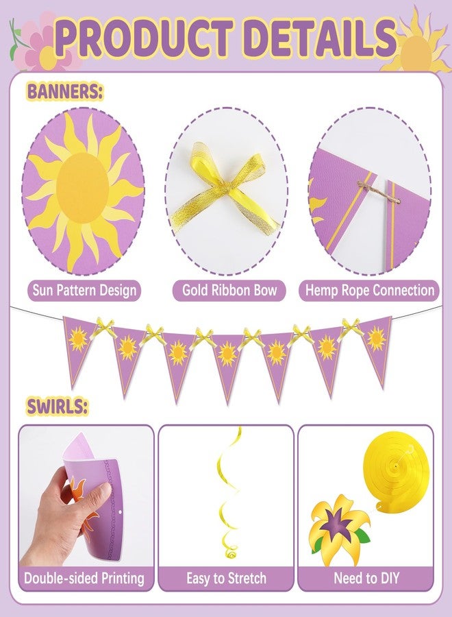 MinFyberd Purple Sun Birthday Decorations Purple Princess Happy Birthday Banner Triangle Flag String Bunting Banner Princess Hanging Swirls Ribbon Bows for Baby Shower Party Supplies Wedding Lavender Photo Prop - Image 3