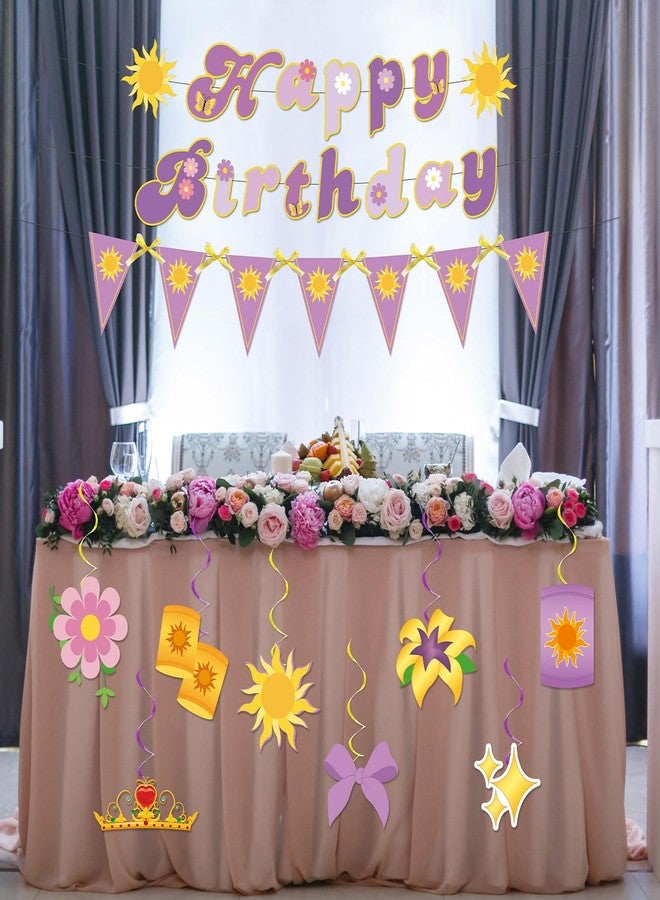 MinFyberd Purple Sun Birthday Decorations Purple Princess Happy Birthday Banner Triangle Flag String Bunting Banner Princess Hanging Swirls Ribbon Bows for Baby Shower Party Supplies Wedding Lavender Photo Prop - Image 4