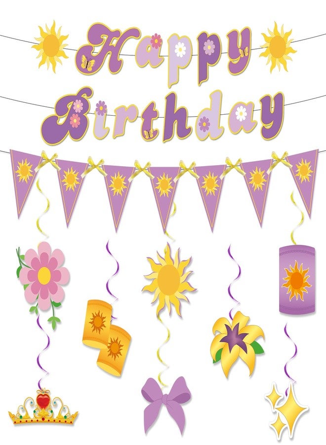 MinFyberd Purple Sun Birthday Decorations Purple Princess Happy Birthday Banner Triangle Flag String Bunting Banner Princess Hanging Swirls Ribbon Bows for Baby Shower Party Supplies Wedding Lavender Photo Prop - Image 1