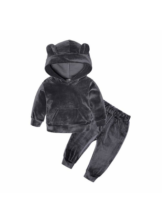 MYGBCPJS 2Pcs Fashion Toddler Baby Girl Velvet Sweatshirt Tops Pant Set Tracksuit, Hooded 2 Gray, 3-4 Years - Image 1