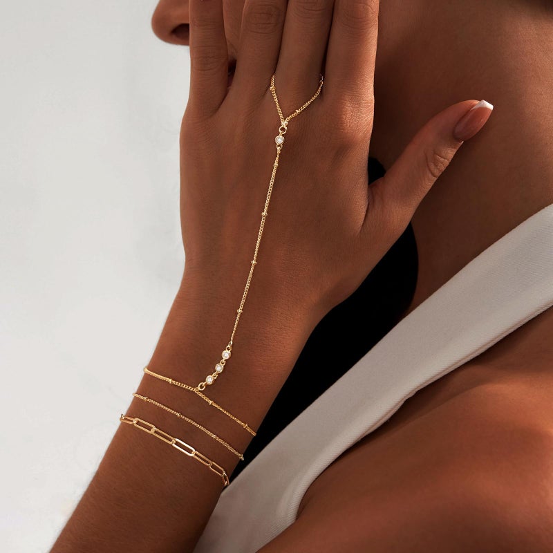 My Queen Hand Chain Bracelets for Women 14K Gold Plated Dainty Layered Cubic Zirconia Finger Ring Chain Link Bracelet Stack Body Jewelry Set Trendy - Image 3