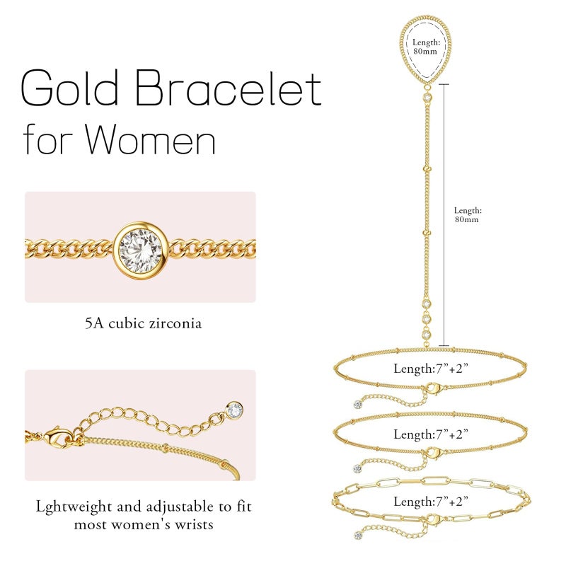 My Queen Hand Chain Bracelets for Women 14K Gold Plated Dainty Layered Cubic Zirconia Finger Ring Chain Link Bracelet Stack Body Jewelry Set Trendy - Image 5