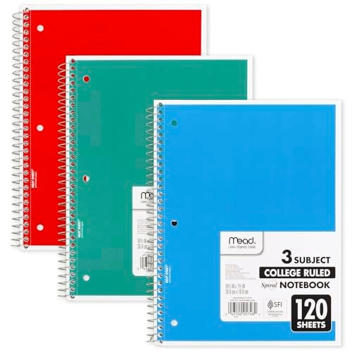 Mead Spiral Notebook, 3 Subject, College Ruled Paper, 120 Sheets, 10-1/2" x 8", Color Selected For You, 1 Count (05748) - Image 2