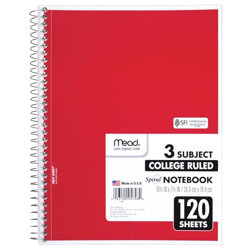 Mead Spiral Notebook, 3 Subject, College Ruled Paper, 120 Sheets, 10-1/2" x 8", Color Selected For You, 1 Count (05748) - Image 1