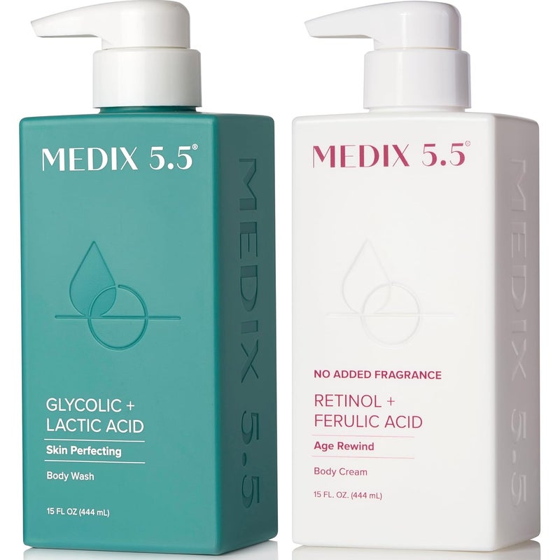 Medix 5.5 Medix 55 Exfoliating Glycolic Acid Body Wash  Face Wash  Fragrance Free Retinol Body Lotion Skin Care Set Crepey Skin Care Treatment Lactic Acid Foaming Wash For KP Bumps Keratosis Pilaris 