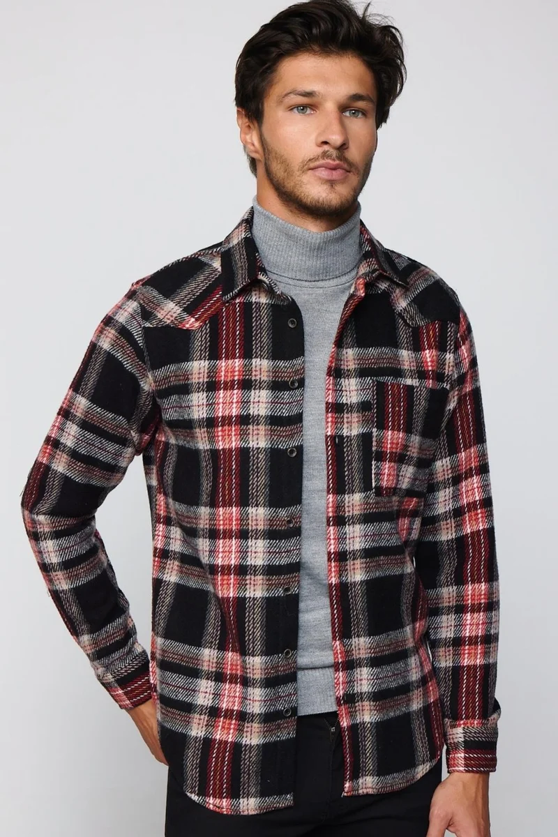 تودورس Slim Fit Slim Fit Single Pocket Checked Lumberjack Winter Men's Shirt
