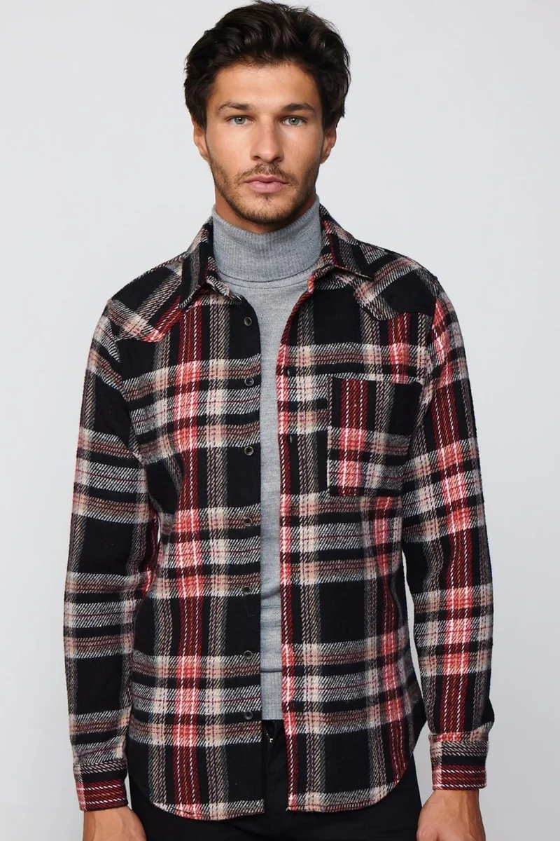 تودورس Slim Fit Slim Fit Single Pocket Checked Lumberjack Winter Men's Shirt