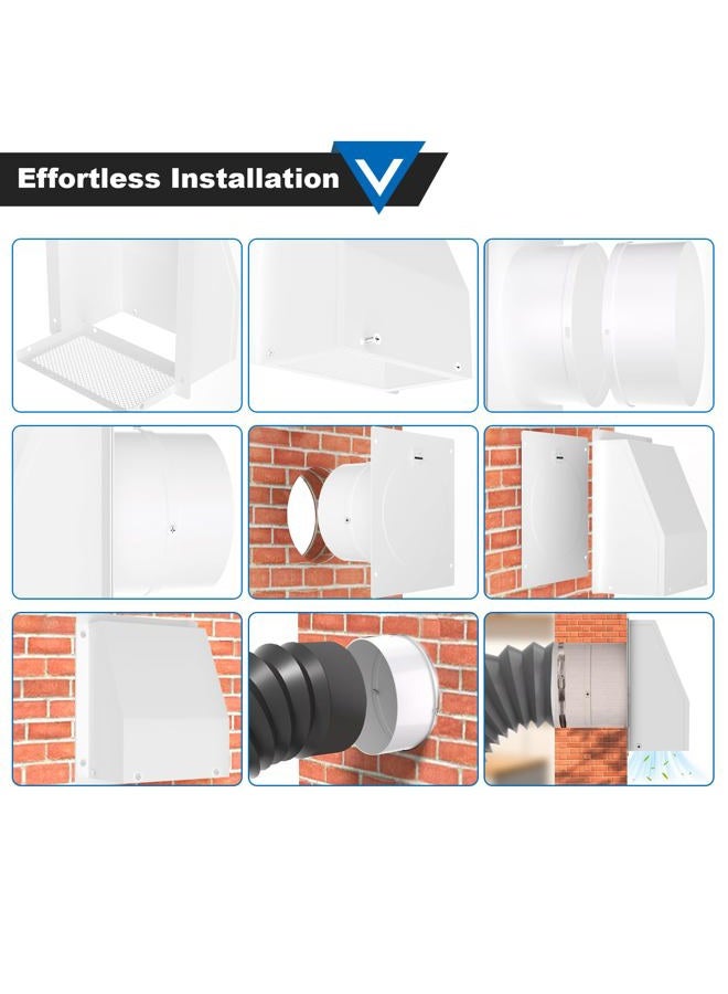 Popbee 6 Inch Hooded Wall Vent with Screen and Damper, Galvanized Steel Wall Vent Cover White Metal Hood Cap Exhaust Duct Pipe Kit with Hose Clamp Aluminum Foil Tape Screw for Laundry Room Bathroom Basement - Image 5