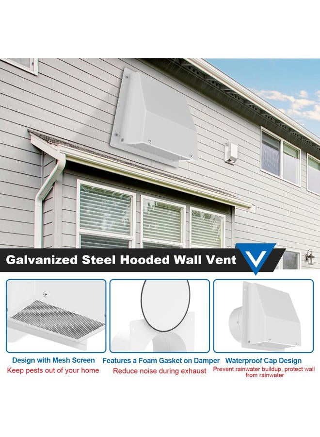 Popbee 6 Inch Hooded Wall Vent with Screen and Damper, Galvanized Steel Wall Vent Cover White Metal Hood Cap Exhaust Duct Pipe Kit with Hose Clamp Aluminum Foil Tape Screw for Laundry Room Bathroom Basement - Image 3