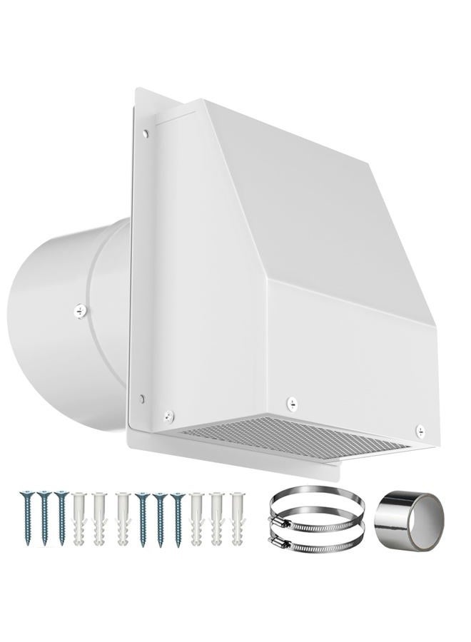 Popbee 6 Inch Hooded Wall Vent with Screen and Damper, Galvanized Steel Wall Vent Cover White Metal Hood Cap Exhaust Duct Pipe Kit with Hose Clamp Aluminum Foil Tape Screw for Laundry Room Bathroom Basement - Image 1
