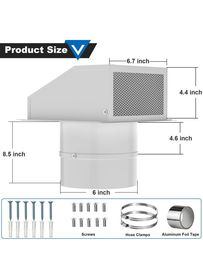 Popbee 6 Inch Hooded Wall Vent with Screen and Damper, Galvanized Steel Wall Vent Cover White Metal Hood Cap Exhaust Duct Pipe Kit with Hose Clamp Aluminum Foil Tape Screw for Laundry Room Bathroom Basement - Image 2