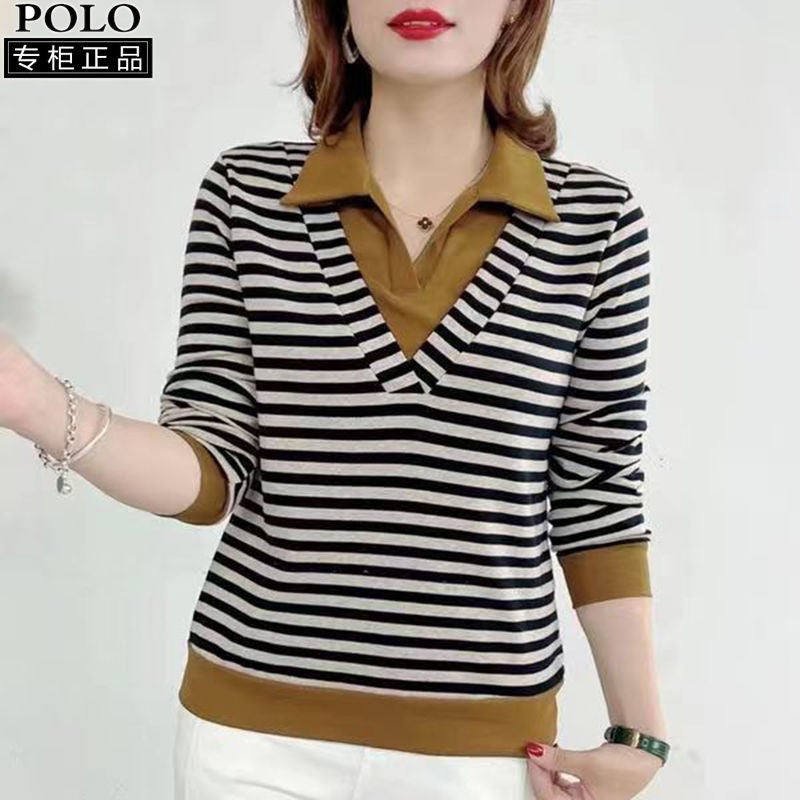 Elegant Ladies Autumn Two-Piece Polo Collar Top Brown - Image 1