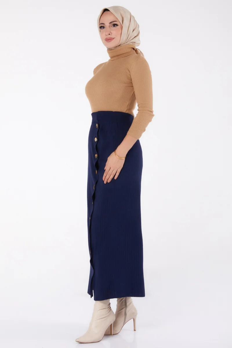 Tofisa Plain Medium Women's Navy Blue Buttoned Knit Skirt - 24722