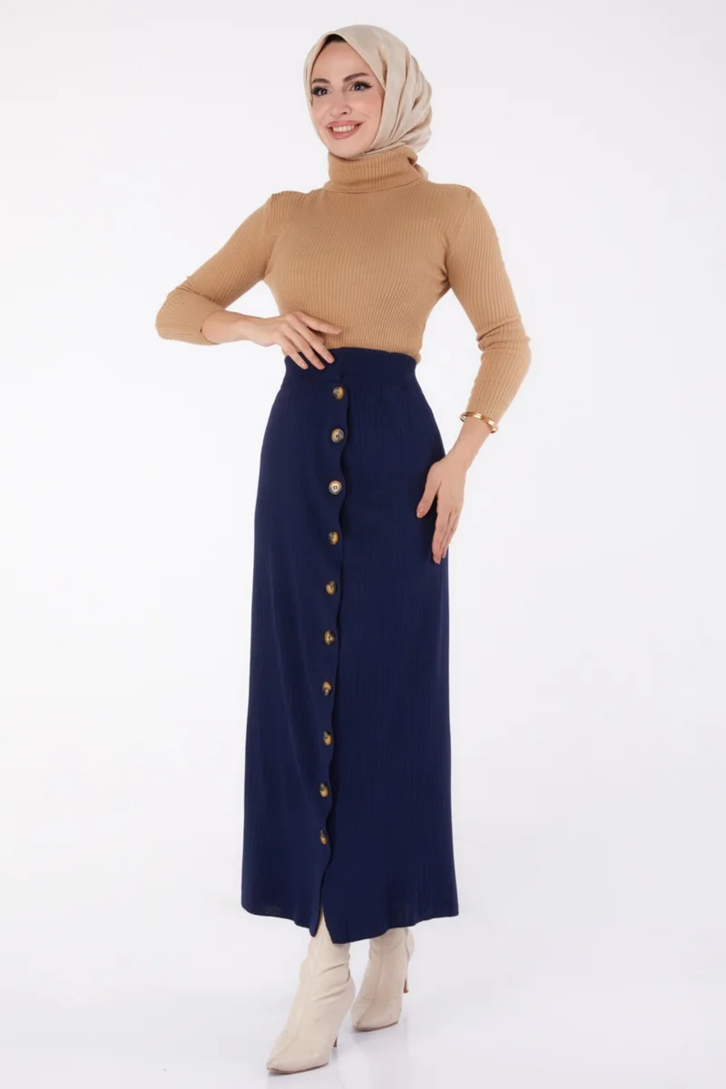 Tofisa Plain Medium Women's Navy Blue Buttoned Knit Skirt - 24722