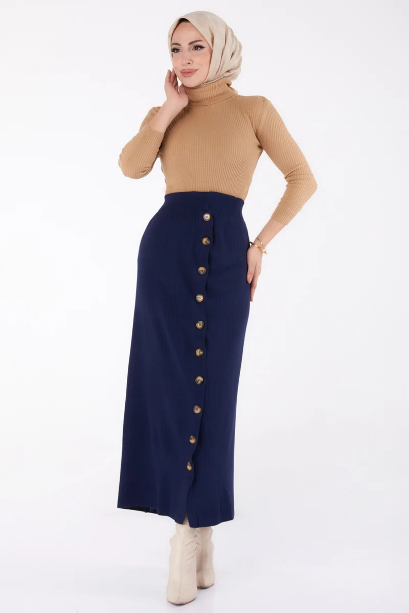 Tofisa Plain Medium Women's Navy Blue Buttoned Knit Skirt - 24722