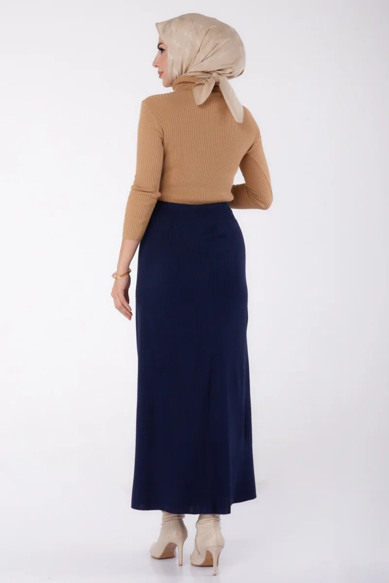 Tofisa Plain Medium Women's Navy Blue Buttoned Knit Skirt - 24722