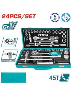 توتال مجموعة مقابس Cr-V 24 قطعة مقاس 1/2 بوصة من Super Total - مجموعة أدوات ميكانيكا مع قضبان تمديد ومقبض سقاطة ومفاصل عالمية لإصلاح السيارات والمشروعات اليدوية  - Image 1