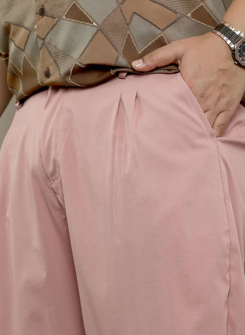 Instafab Plus Instafab Plus Men's Mauve Pink Double-Pleated Tailored Trousers | Mid Rise , Straight Hem , Button Closure | Solid Plain Polyester Blend Material For Office & Casual Wear