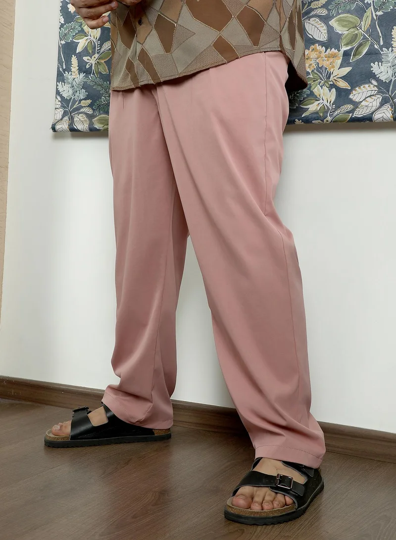 Instafab Plus Instafab Plus Men's Mauve Pink Double-Pleated Tailored Trousers | Mid Rise , Straight Hem , Button Closure | Solid Plain Polyester Blend Material For Office & Casual Wear